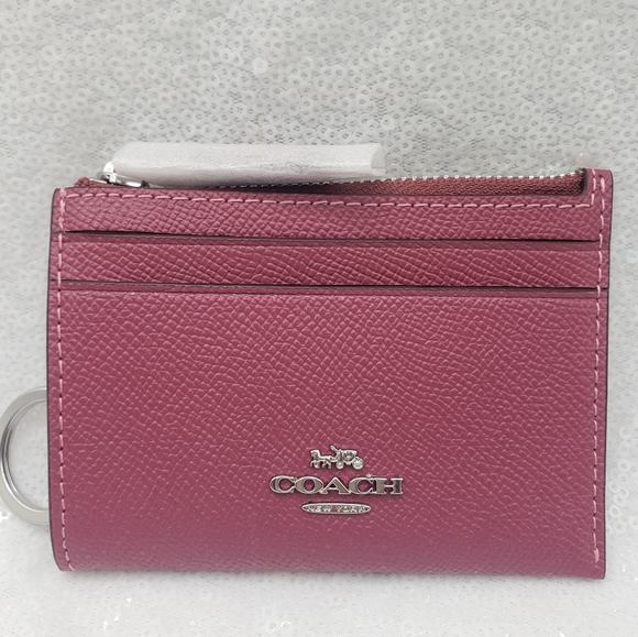 Coach Mini Skinny ID card case Leather Silvertone hardware Raspberry ID keyring - Picture 1 of 8